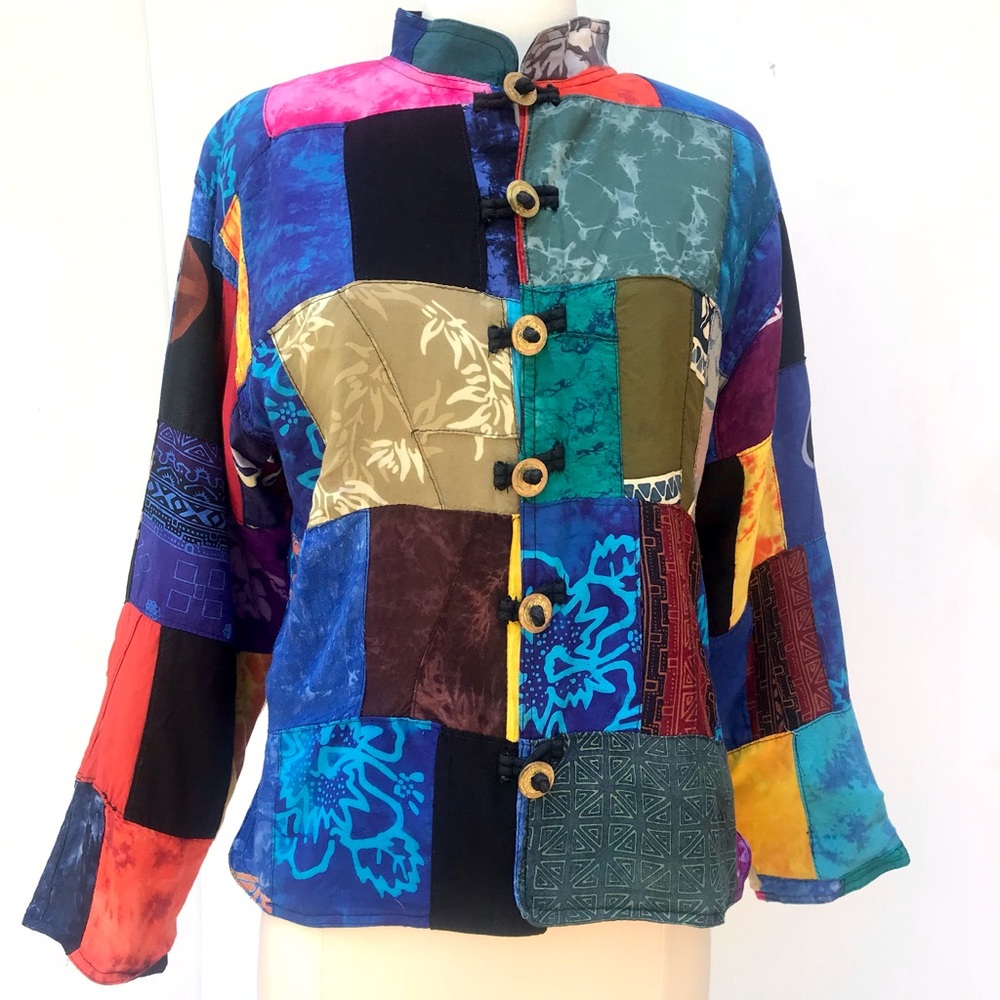 Vintage Patchwork Quilt Batik Mandarin Collar Ray… - image 4